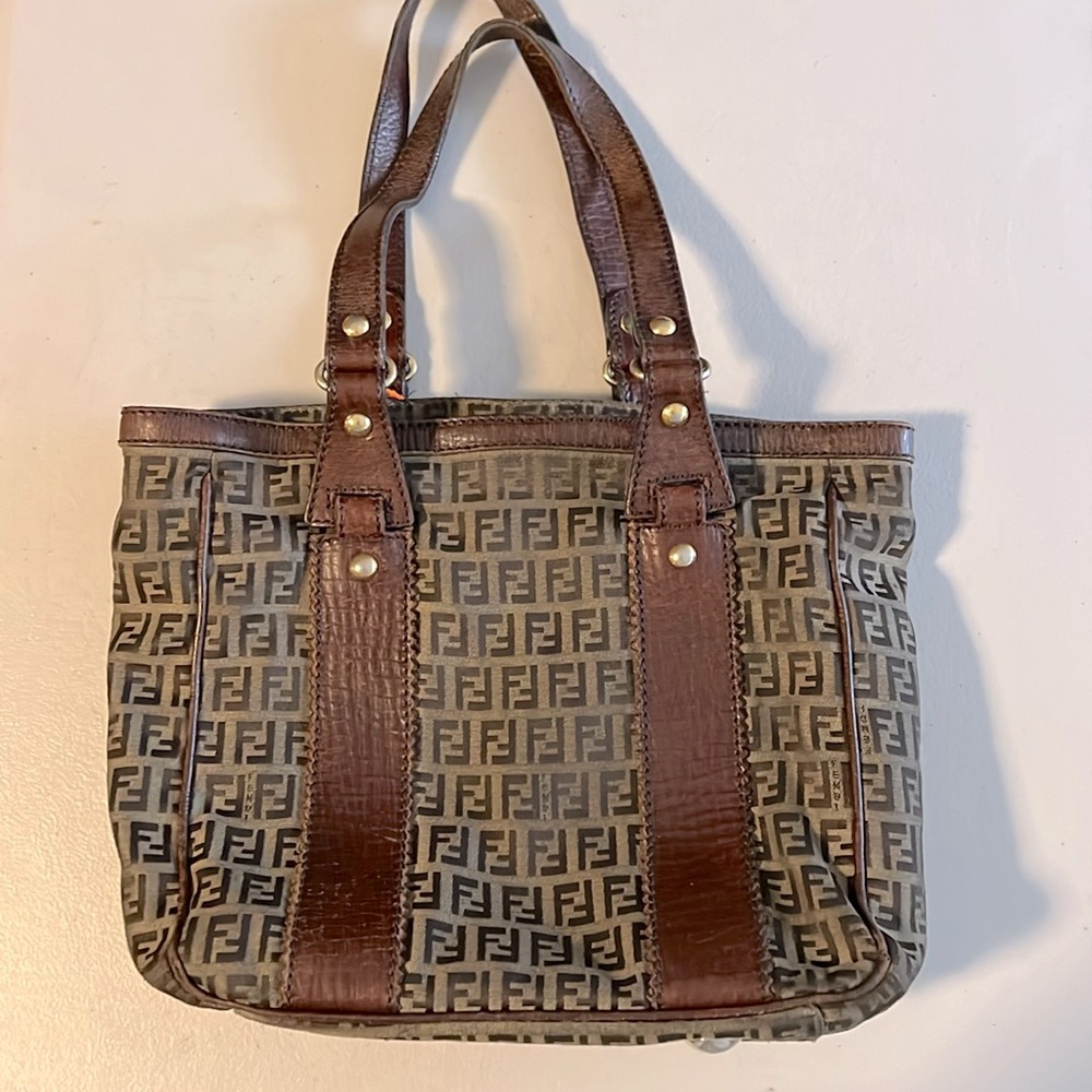 Vintage Fendi Shoulder Bag Brown Leather And Logo Fabric